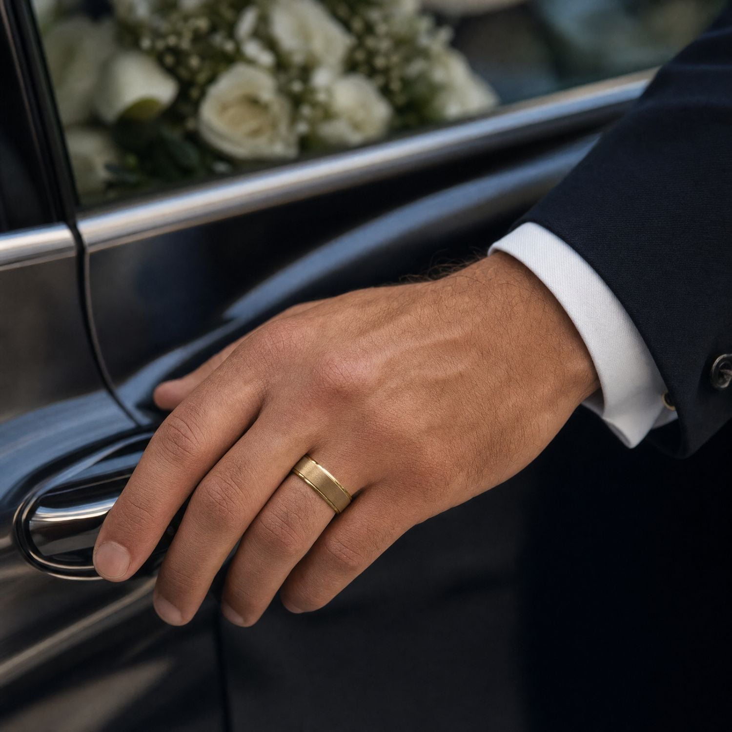 Groom wearing a gold-coloured tungsten wedding ring as he reaches for the door of a polished black wedding car, with a bouquet of white flowers visible inside.