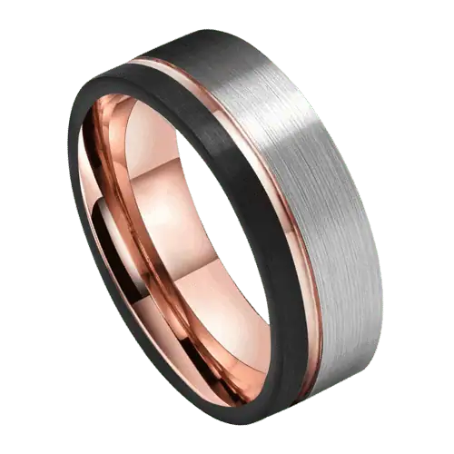 Mens Tungsten Ring with Brushed Silver, Polished Rose Gold and Matte Black for wedding anniversary or engagement