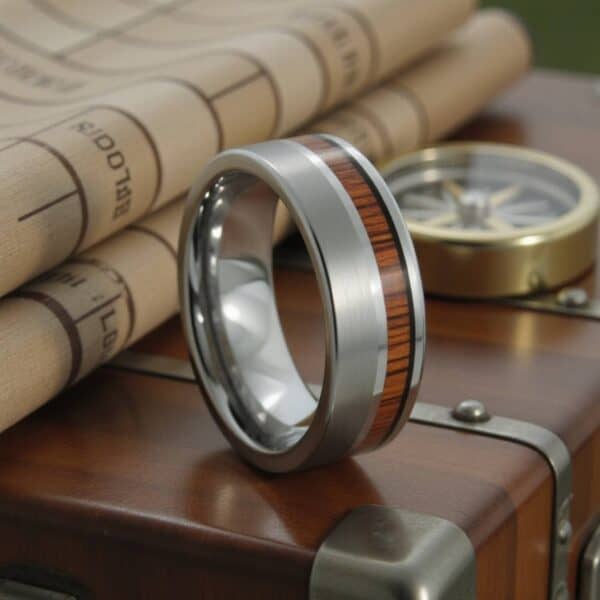 Ready for travel, there are maps, a brown suitcase and a compass. A silver tungsten ring rests on the suitcase. This silver ring features an inlay of wood.