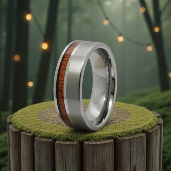 Within a fantasy wood setting, a ring sits on a wooden stand. With fairy lights in the background, the ring is a silver tungsten ring with an inlay of natural wood.