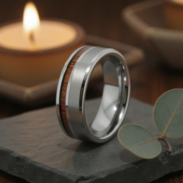 A candle flickers in the background and a wedding ring balances on top of a piece of grey slate. The ring is a silver tungsten ring with an inlay of wood.
