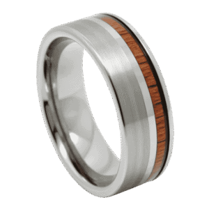 A stunning silver tungsten ring. Featuring a brushed section on one side of the ring and a natural wood inlay on the other side. On either side of the wood inlay is a polished silver section.