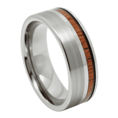 A stunning silver tungsten ring. Featuring a brushed section on one side of the ring and a natural wood inlay on the other side. On either side of the wood inlay is a polished silver section.