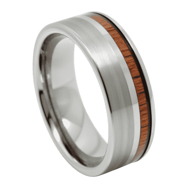 A stunning silver tungsten ring. Featuring a brushed section on one side of the ring and a natural wood inlay on the other side. On either side of the wood inlay is a polished silver section.