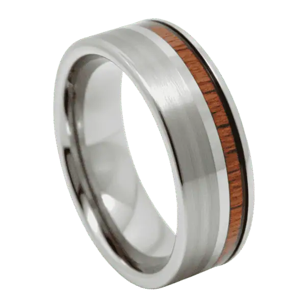 A stunning silver tungsten ring. Featuring a brushed section on one side of the ring and a natural wood inlay on the other side. On either side of the wood inlay is a polished silver section.