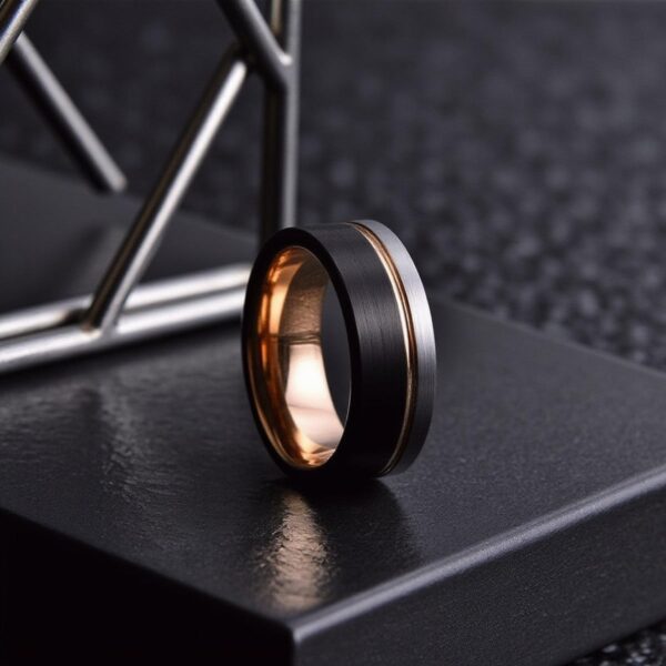 A black minimalist background featuring a ring standing upright on a black stand. The ring is made with tungsten and features three distinct tones. Brushed black, brushed silver, and polished rose gold.