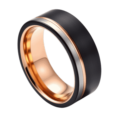 A three tone tungsten ring in close up. The main section of the ring is brushed black. It features a thin groove of rose gold and a section of brushed silver. An innovative wedding ring for men.