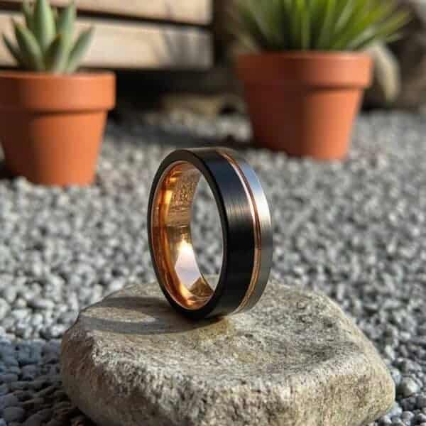 Featring a garden setting with grey stones and plants in pots in the background. At the foreground of the image, a ring stands upright on a flat rock. The ring is a tungsten ring featuring three different colour - black, silver, and polished rose gold.