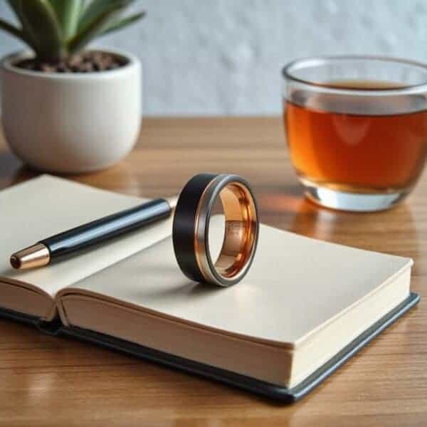 With a relaxed vibe a journal lays open with a ring standing upright on top of its open pages. There is also a fountain pen, a cup of black tea in the background, and a house plant. The ring is a tungsten ring featuring three tones - silver, black, and rose gold.
