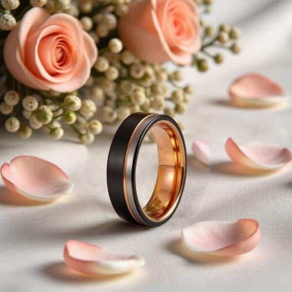 Peach wedding flowers frame the image, with the petals scattered around the foreground. A mans wedding ring stands upright in the centre. This distinctive ring features three colours - black, silver, and rose gold.
