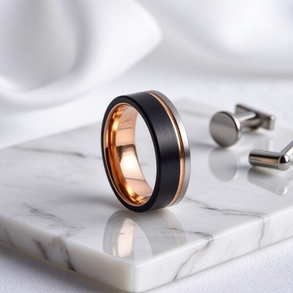On white marble and with white silk in the background, a ring stands upright, adjacent to some shiny silver cufflinks. The ring is a stylish mans wedding band. Featuring a blend of colours, this is a brushed black, silver, and rose gold ring.