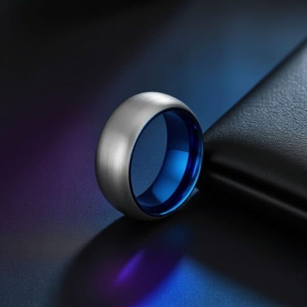 With a ambient iridescent background, a silver tungsten ring stands upright. It has a lightly brushed finish and is slightly domed in shape. The ring has a striking blue interior.