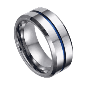 An elegant tungsten ring in silver featuring a thin blue groove that runs through the centre of the ring.