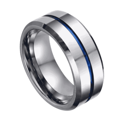An elegant tungsten ring in silver featuring a thin blue groove that runs through the centre of the ring.