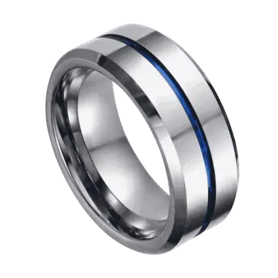 An elegant tungsten ring in silver featuring a thin blue groove that runs through the centre of the ring.