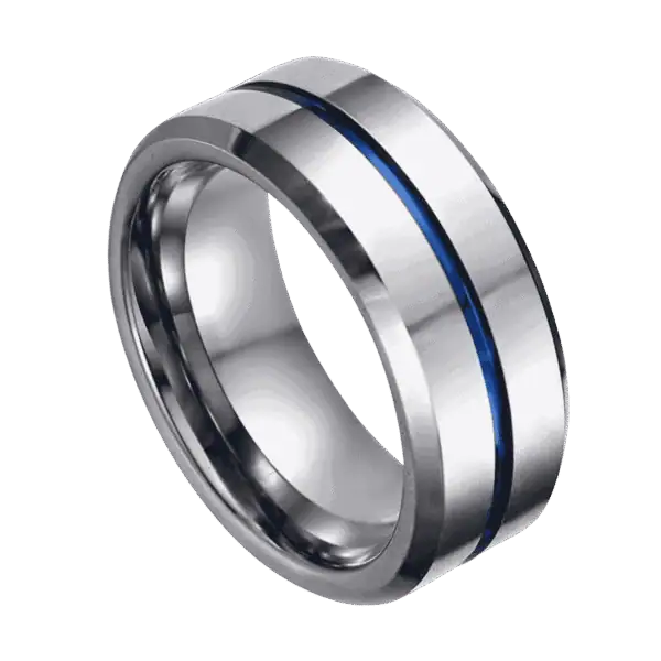 An elegant tungsten ring in silver featuring a thin blue groove that runs through the centre of the ring.