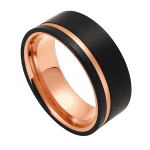 A close up image of a mens ring on a transparent background. The ring is a brushed black flat ring. It has a distinctive stripe of polished rose gold and rose gold inside. Made with tungsten.