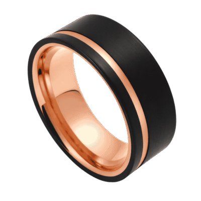 A close up image of a mens ring on a transparent background. The ring is a brushed black flat ring. It has a distinctive stripe of polished rose gold and rose gold inside. Made with tungsten.