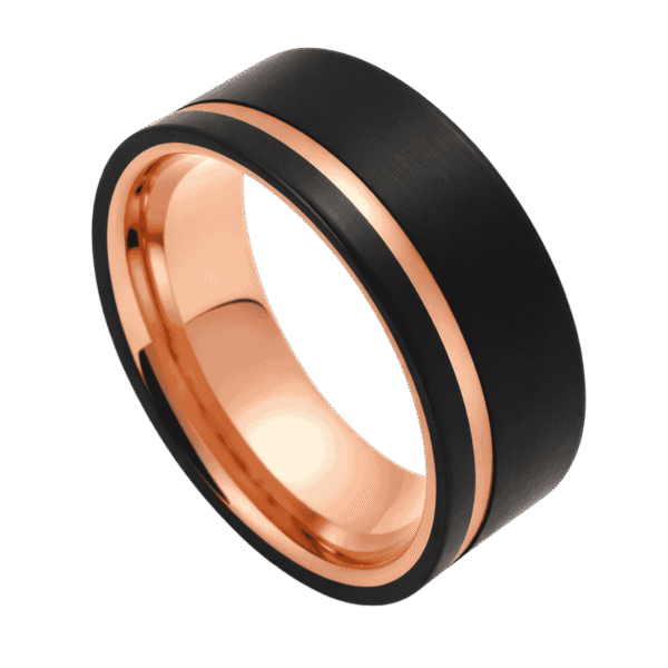A close up image of a mens ring on a transparent background. The ring is a brushed black flat ring. It has a distinctive stripe of polished rose gold and rose gold inside. Made with tungsten.