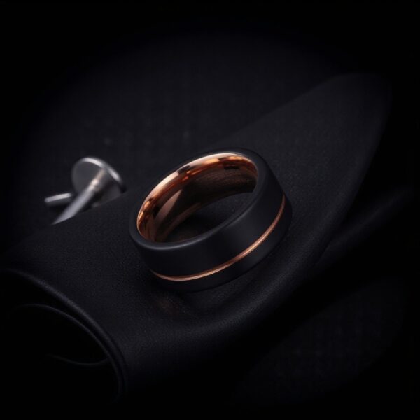 On a black minimalist background, is a black tungsten ring along with a silver cuff link. The black ring features rose gold details - a line of rose gold runs around the ring and the interior of the ring is also rose gold,