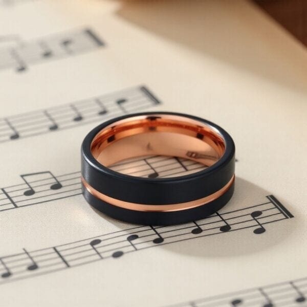 Laying flat on some sheet music filled with music notes, is a black tungsten ring. The ring has a brushed finish and is made with tungsten. It has a distinctive groove of rose gold that runs slightly off centre through the ring. The inside of the ring is also rose gold.