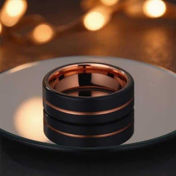 With white fairy lights gently glowing in the background, the image centres on a black and rose gold ring which has been placed on a reflective stand. The ring is brushed black and also features polished rose gold. The ring is made with tungsten.