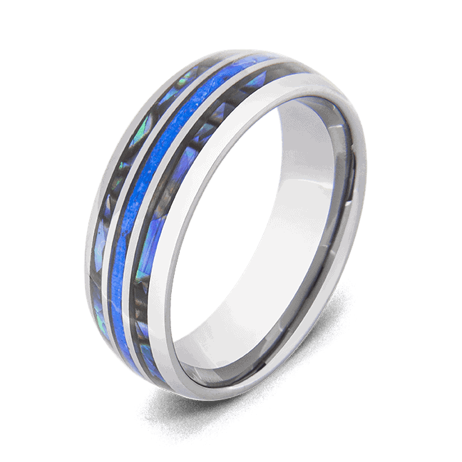 Men's Tungsten Ring with Blue Fire Opal and Abalone Shell Inlays
