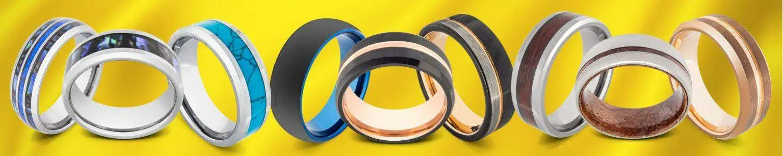 9 rings on display against yellow background