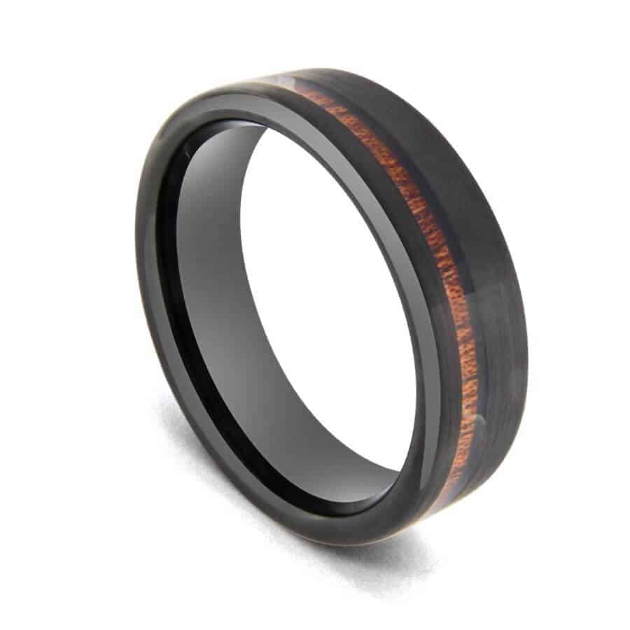 Black Tungsten Ring with Groove of Natural Wood