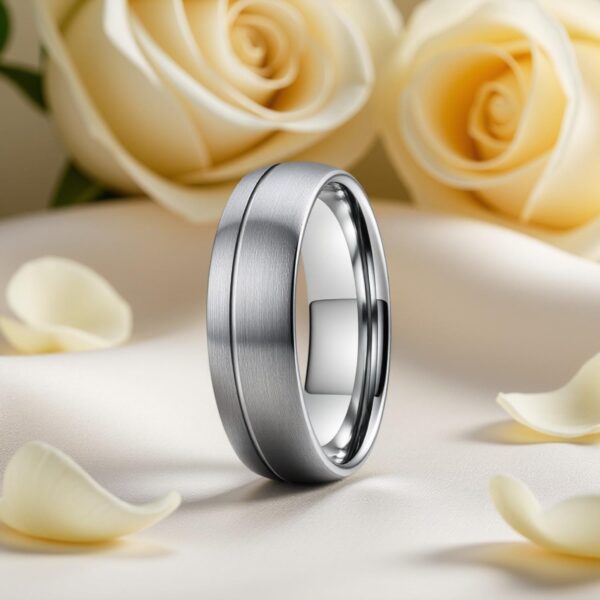Brushed silver ring for men – mans tungsten wedding band with custom ring engraving.