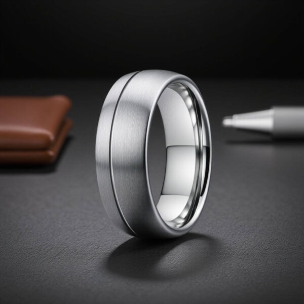 A gents super strong yet incredibly elegant tungsten ring in brushed silver. Domed in shaped.