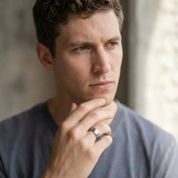 Mens silver ring – brushed silver tungsten wedding band with custom engraving.