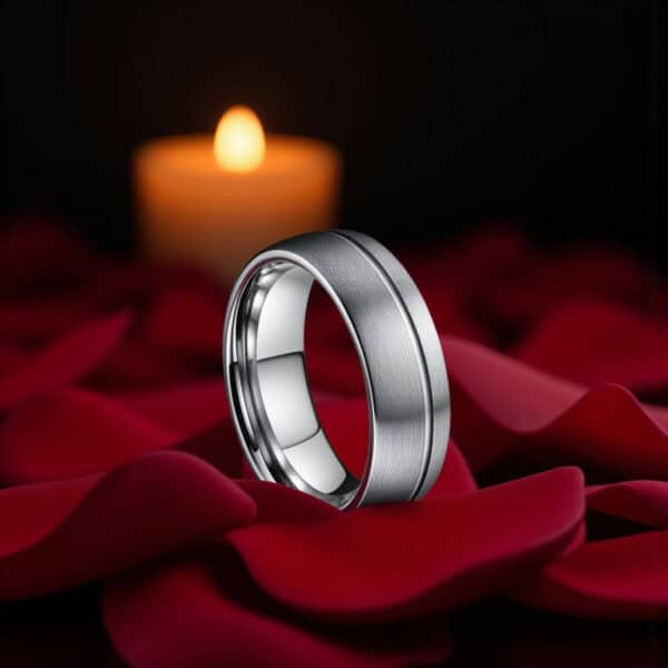 Mans tungsten ring - brushed silver finish with off centre groove