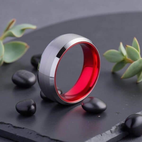 Picture showing men's brushed silver tungsten ring with vibrant red interior