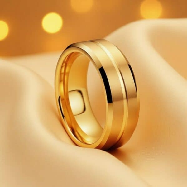 Gold titanium mens ring, polished and brushed surface, stylish gents wedding or promise ring.