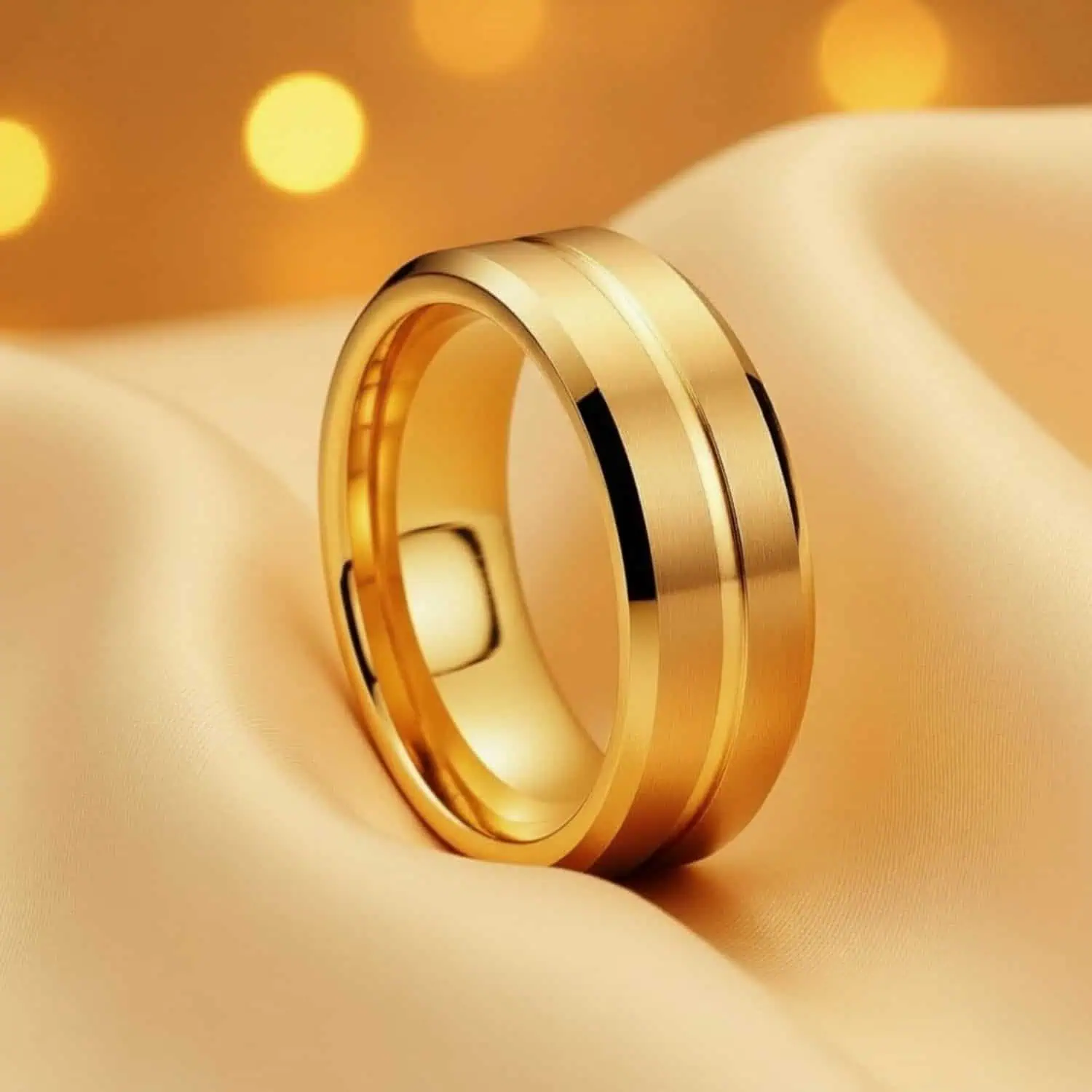 Gold titanium mens ring, polished and brushed surface, stylish gents wedding or promise ring.