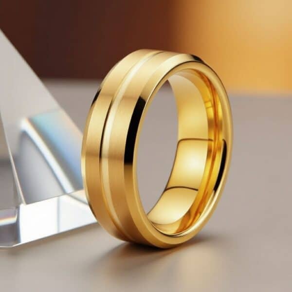 Brushed and polished gold titanium ring for men, refined wedding or eternity band with engraving.
