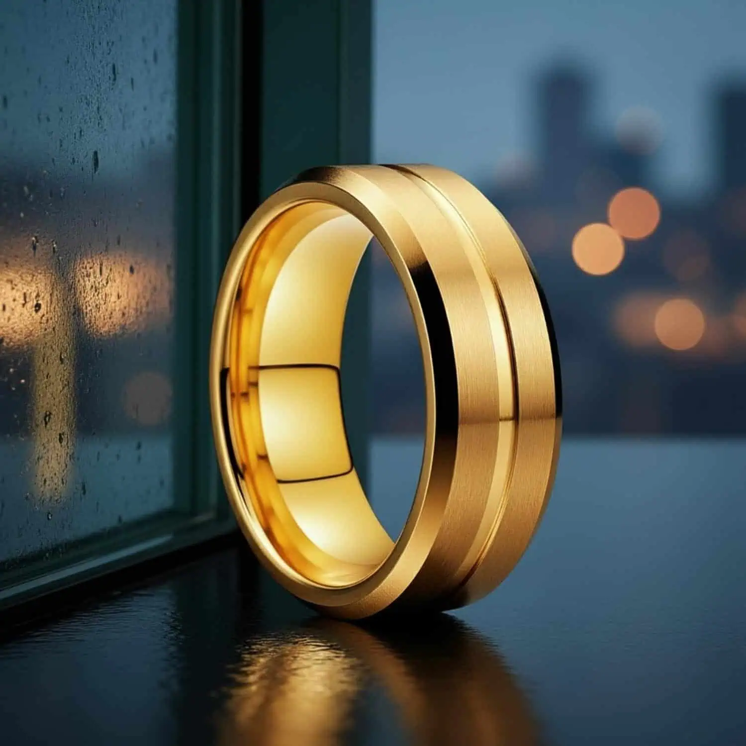 Gold titanium mens ring, brushed and polished finish, elegant mens wedding band or eternity ring.