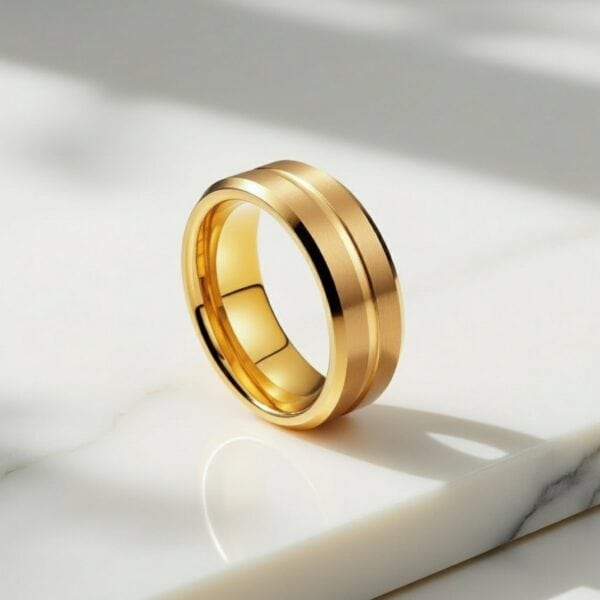 Brushed and polished gold titanium ring for men, strong and stylish gents wedding or engagement band.