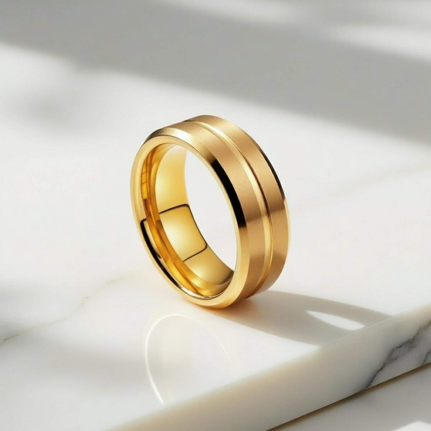Brushed and polished gold titanium ring for men, strong and stylish gents wedding or engagement band.