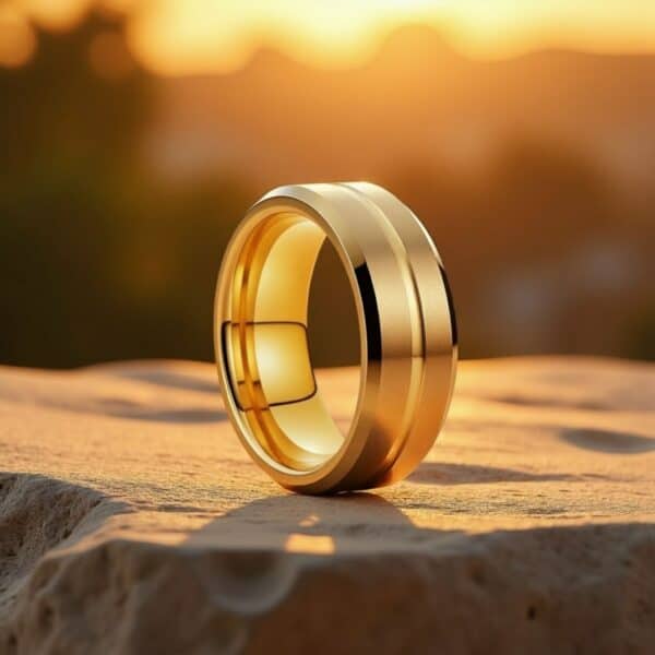 Radiant polished and brushed gold titanium ring for men, elegant gents wedding band or engagement eternity ring with engraving.