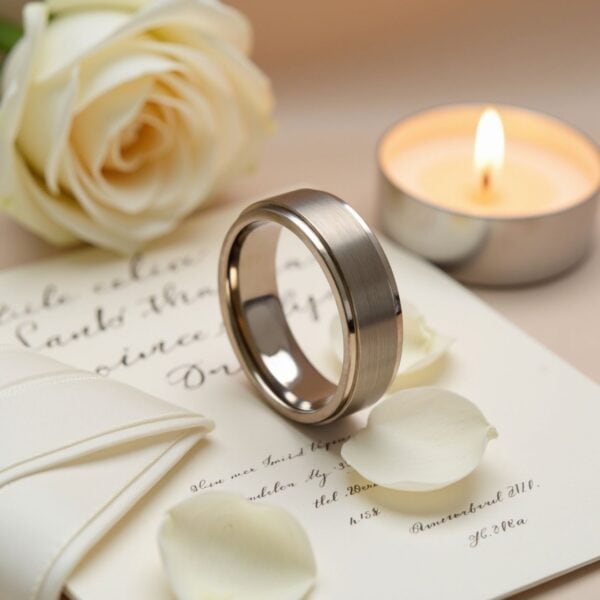 An elegant silver titanium ring for men. The perfect choice as a male engagement ring or a mans wedding band.