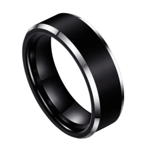 A close up image of a black titanium ring that has polished silver bevelled edges. The finish of the ring is smooth matte black.