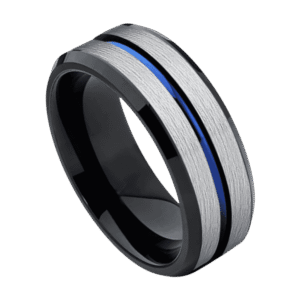 A detailed close up image of a tungsten ring. A brushed silver ring with a centre groove of blue and polished black edges.
