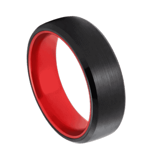 A black and red mens tungsten wedding band or engagement ring. Add a custom ring engraving.