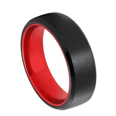A black and red mens tungsten wedding band or engagement ring. Add a custom ring engraving.