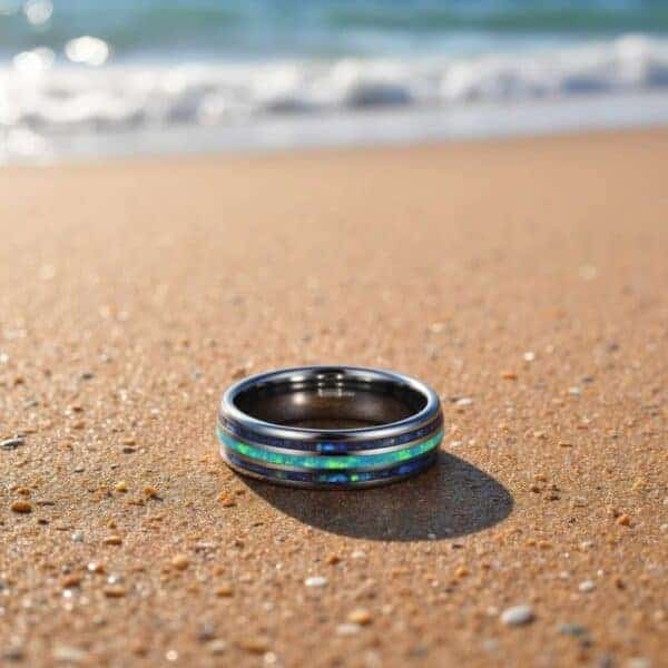 An idyllic beach with a ring laying flat on the sand. The silver tungsten ring also features abalone shell and turquoise.