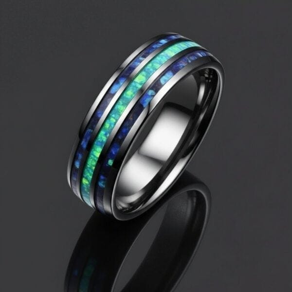 A close up of a silver tungsten ring. On the reflective surface, you can see the reflection of the ring. This silver ring is domed in shape and features a section of turquoise and two sections of abalone shell.