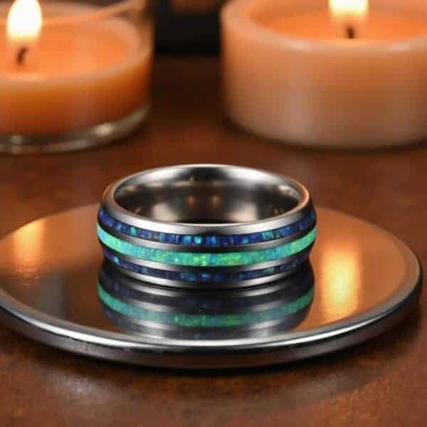 With a romantic feel to the scene, a silver tungsten ring lays flat on a silver tray. While candles flicker in the background, the ring is a silver tungsten ring. It has out layers of abalone shell and an inner section of turquoise.