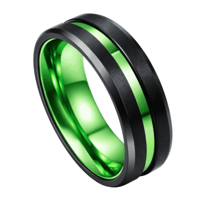 A black tungsten ring with a centre groove of vivid green and a green interior.